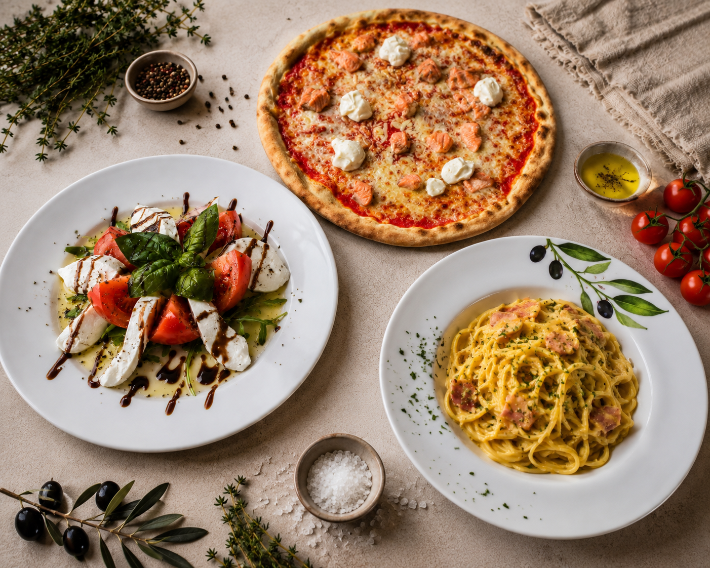 Auswahl unserer Gerichte: Pizza, Caprese und Pasta Carbonara